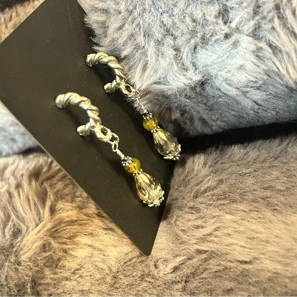 Handcrafted raindrop faceted rutilated quartz dragon vein hematite earrings